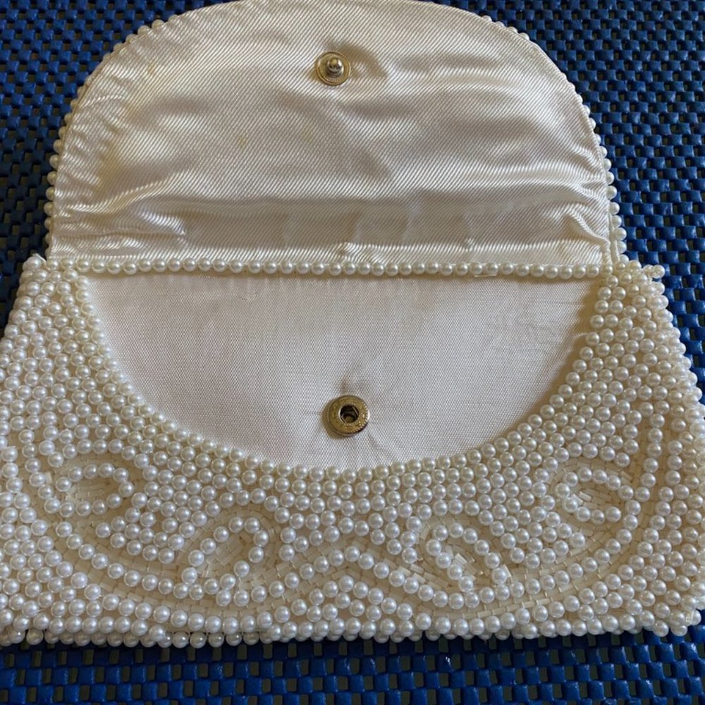 Designers White Pearl Beaded Clutch Evening Bag Purse - Picture 5 of 7